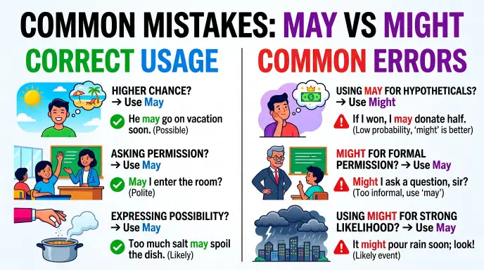 Common Mistakes with May vs Might