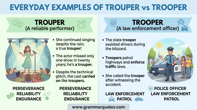 Trouper and Trooper in Everyday Examples