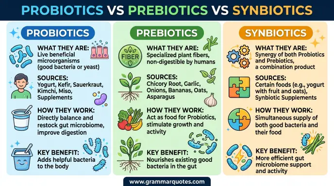 Probiotics vs Prebiotics vs Synbiotics